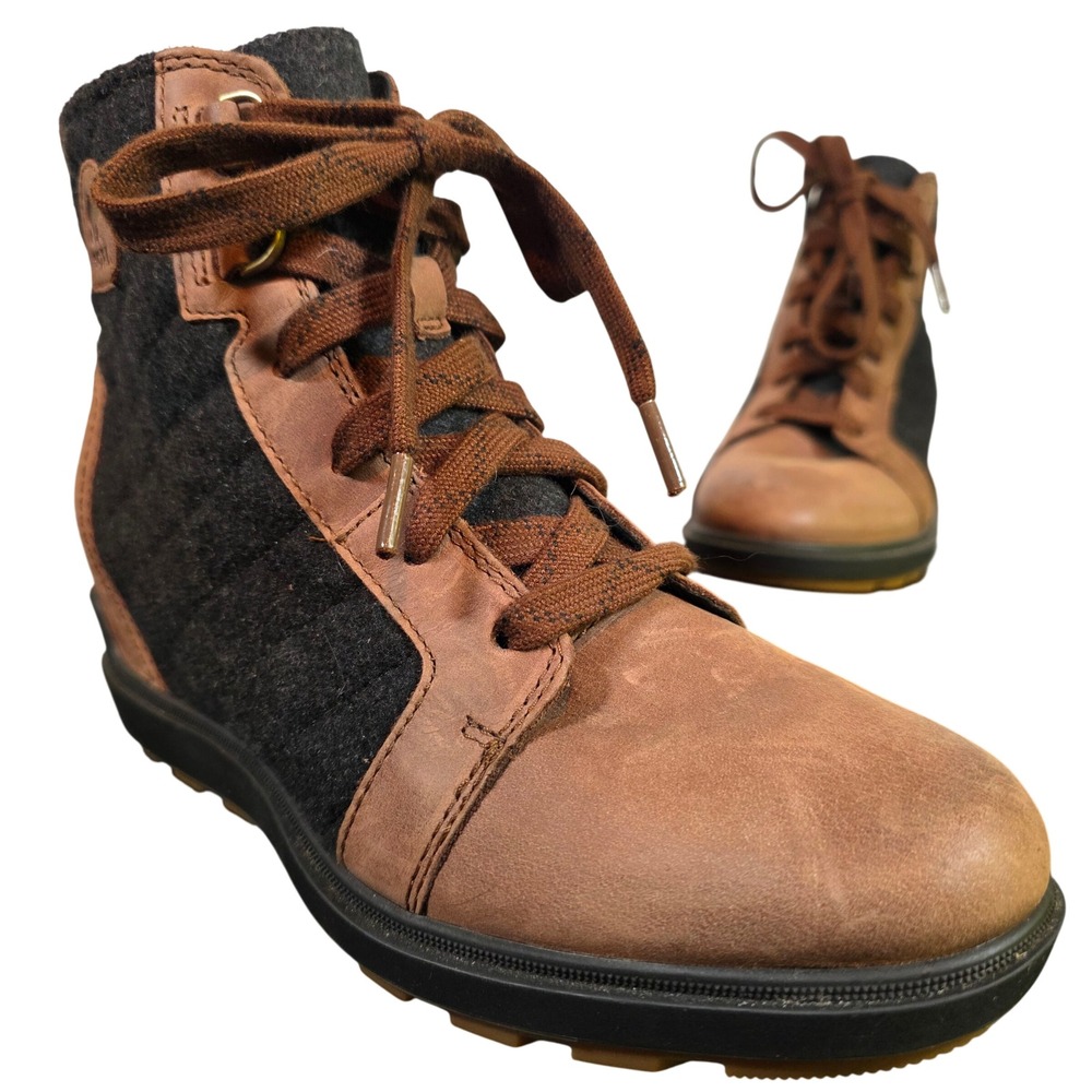 SOREL Evie II Waterproof Brown Leather Lace Up Wedge Ankle Boots Womens 7.5